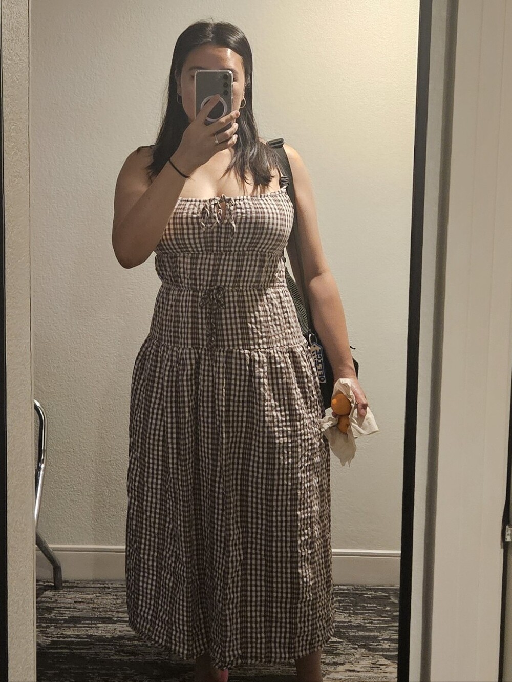 Sami & Sam Checkered Babydoll Square Low Cut Pocket Maxi Sundress
